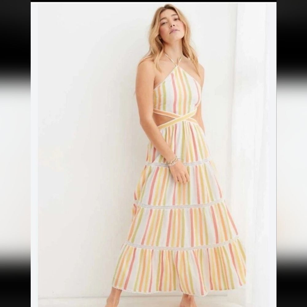 Aerie Striped Halter Maxi Dress Cutout Sides Smocked‎ Back Tiered Summer Boho L